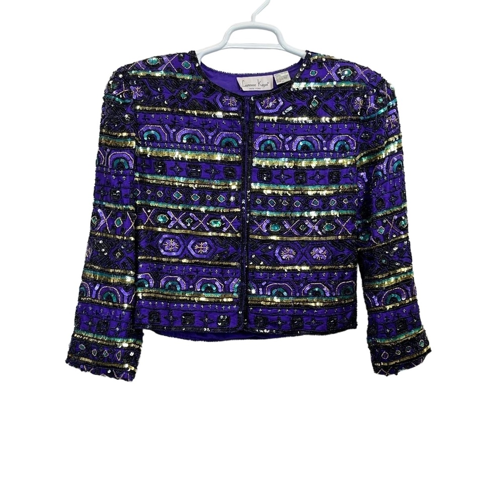 Vintage Laurence Kazar Multicolor Womens Sequin Beaded Silk‎ Blazer Size PP
